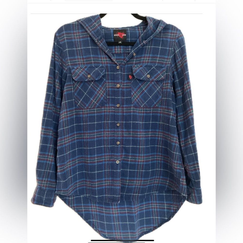 Women's Blue Plaid Flannel Button-Down High Lo Shirt with Hood